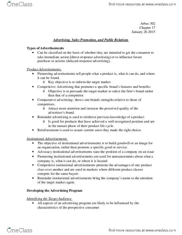 ARBUS302 Chapter 17: Advertising, Sales Promotion, and Public Relations. Jan 26 2015.docx thumbnail
