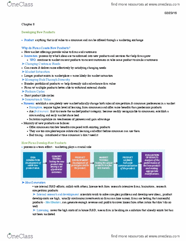 Business Administration 3301K Chapter Notes - Chapter 8: Brainstorming, Panel Data, Marketing Mix thumbnail