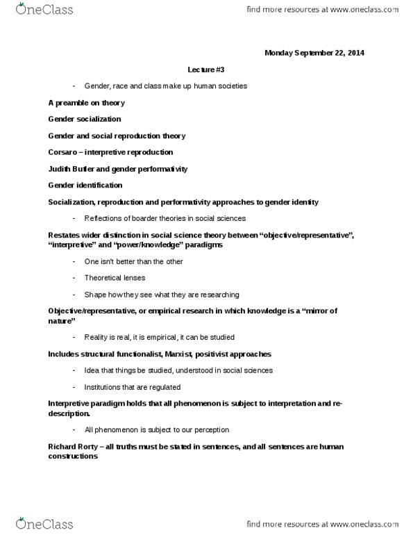 CHYS 2P38 Lecture Notes - Lecture 3: Talcott Parsons, Richard Rorty, Social Construction Of Gender thumbnail