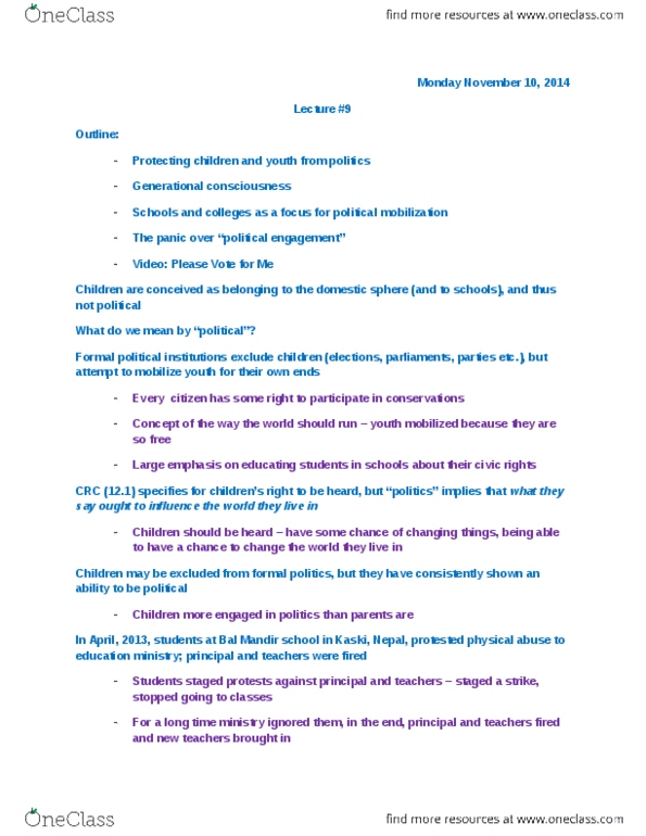 CHYS 2P38 Lecture Notes - Lecture 9: Kaski District, Voting Age, First Intifada thumbnail