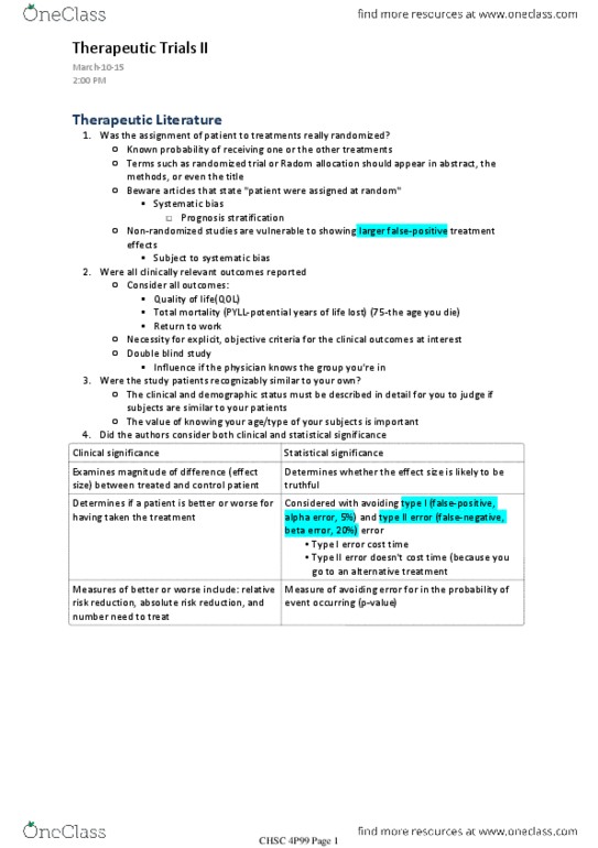 HLSC 4P99 Lecture Notes - Lecture 8: Relative Risk Reduction, Absolute Risk Reduction, Blind Experiment thumbnail