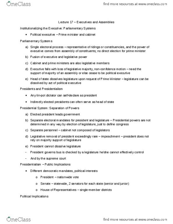 Political Science 1020E Lecture Notes - Lecture 17: Imperial Presidency, Presidential System thumbnail