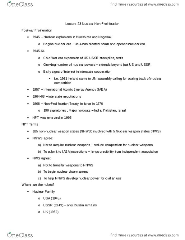 Political Science 1020E Lecture Notes - Lecture 23: United Nations General Assembly, Nuclear Proliferation, Nuclear Weapon thumbnail