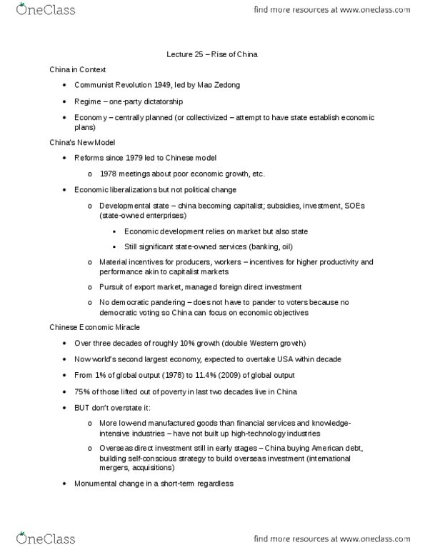 Political Science 1020E Lecture Notes - Lecture 25: Deng Xiaoping, Multilateralism, Power Control thumbnail