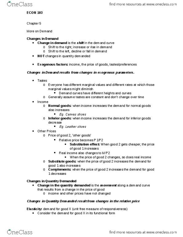 ECON 103 Chapter Notes - Chapter 5: Inferior Good, Real Income, Demand Curve thumbnail