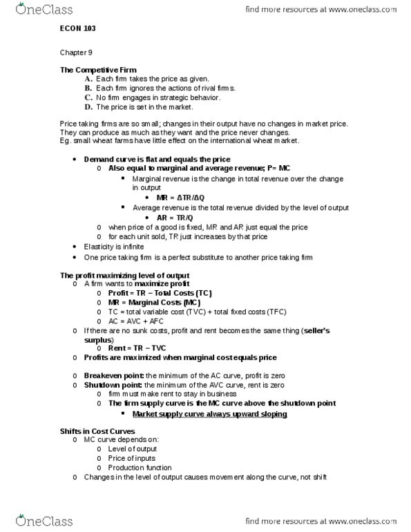 ECON 103 Chapter Notes - Chapter 9: Fixed Cost, Lump Sum, Production Function thumbnail