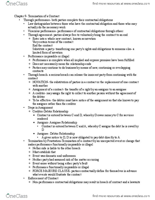 MCS 3040 Chapter Notes - Chapter 9: Specific Performance, Equitable Remedy, Novation thumbnail