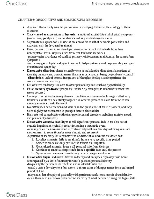 Psychology 2310A/B Chapter Notes - Chapter 6: Convulsion, Somatization Disorder, Fugue State thumbnail