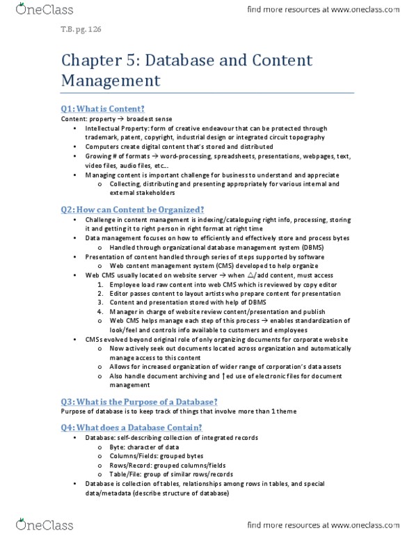 Computer Science 1032A/B Chapter Notes - Chapter 5: Data Management, Database, Document Management System thumbnail
