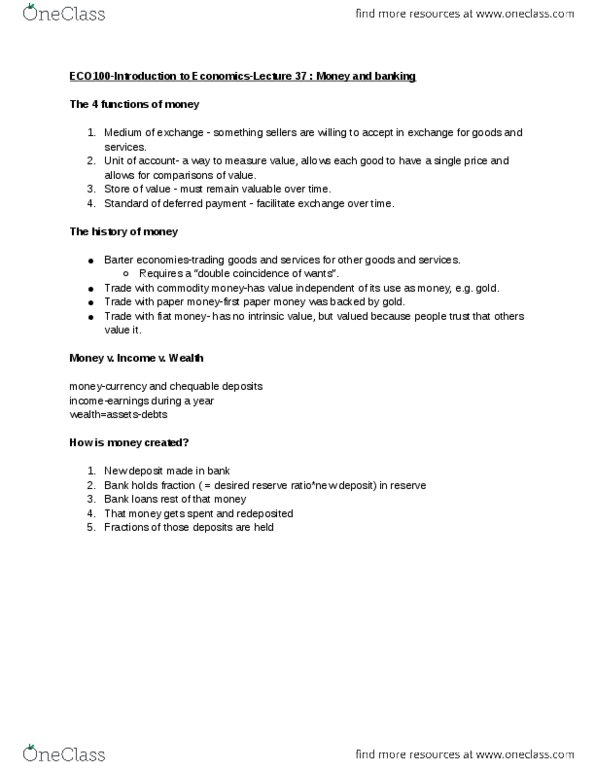 ECO100Y5 Lecture Notes - Lecture 37: Fiat Money, Reserve Requirement thumbnail