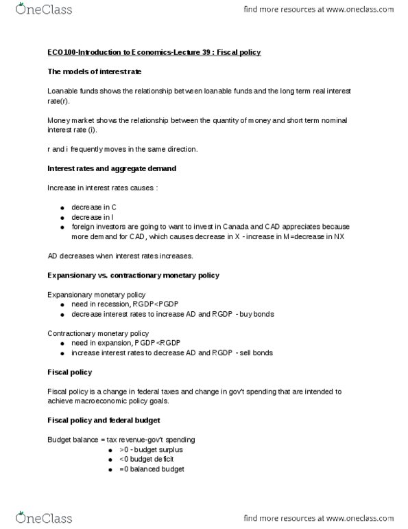 ECO100Y5 Lecture Notes - Lecture 39: Aggregate Demand, Fiscal Policy, Monetary Policy thumbnail