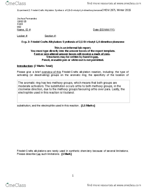 CHEM267L Lecture Notes - Lecture 5: Methoxy Group, Alkylation, Benzene thumbnail