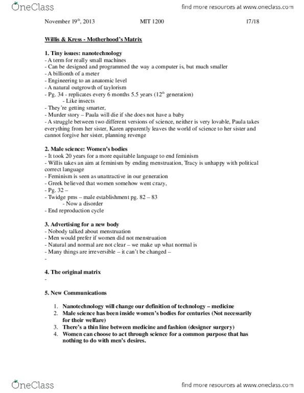 Biochemistry 3381A Lecture 10: MIT 1200 - Motherhood Matrix (17 - 18).docx thumbnail