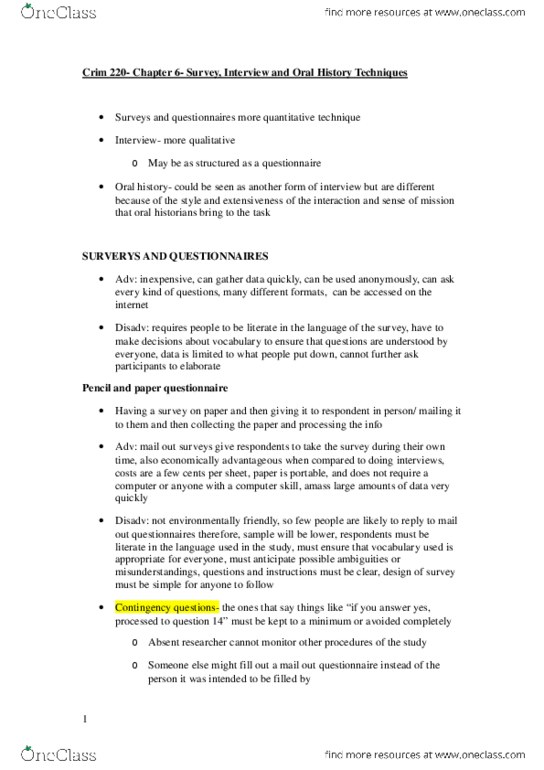 CRIM 220 Chapter Notes - Chapter 6: Computer-Assisted Telephone Interviewing thumbnail