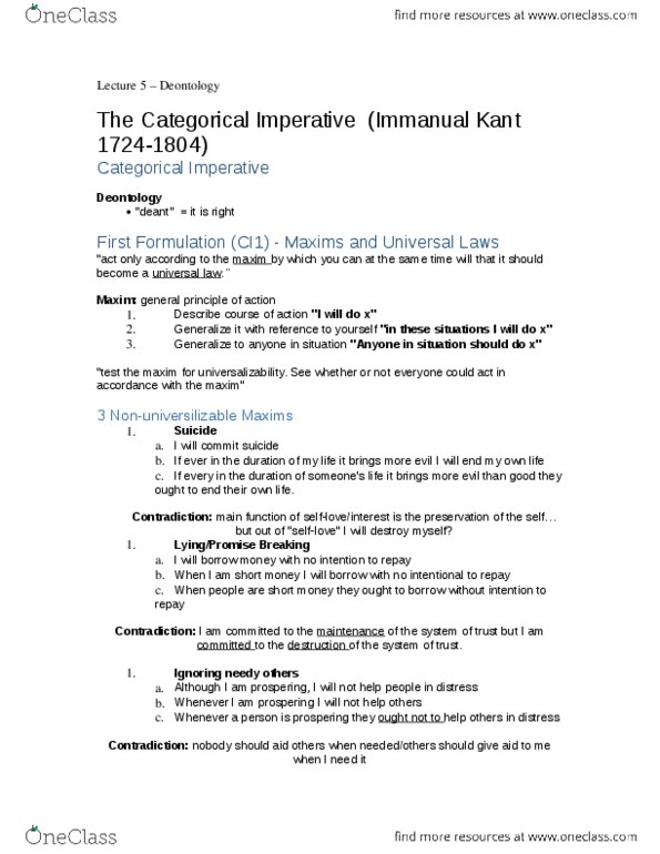 PP110 Lecture Notes - Lecture 5: Categorical Imperative, Universalizability, Deontological Ethics thumbnail