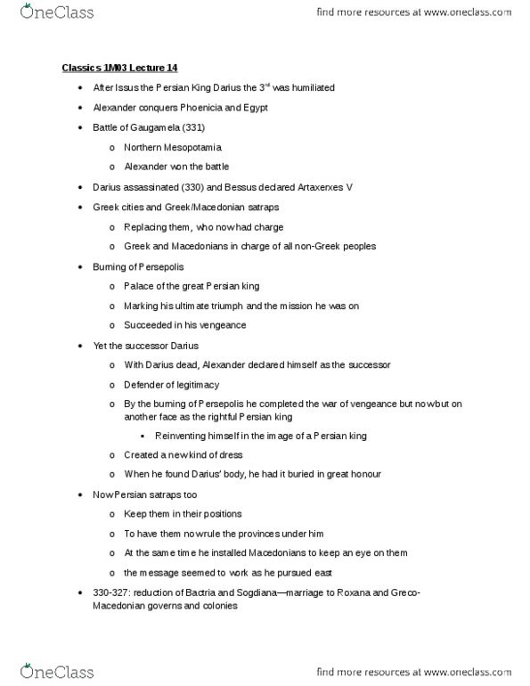 CLASSICS 1M03 Lecture Notes - Lecture 14: Gedrosia, Parmenion, Proskynesis thumbnail