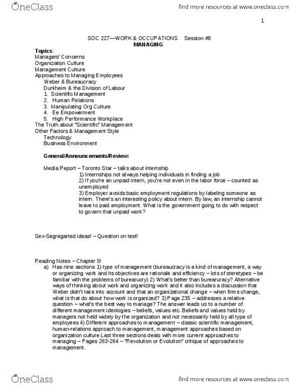SOC227H5 Lecture Notes - Lecture 8: Organizational Commitment, Employee Engagement, Scientific Management thumbnail