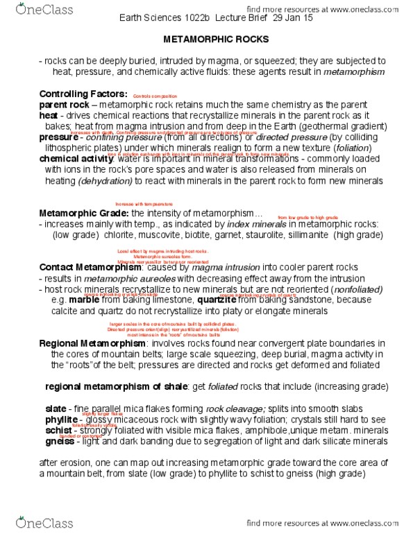 Earth Sciences 1022A/B Lecture Notes - Lecture 5: Metamorphic Rock, Metamorphism, Geothermal Gradient thumbnail