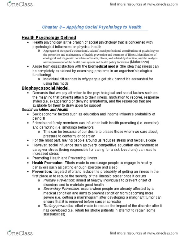 PSYC 3310 Chapter Notes - Chapter 8: Health Belief Model, Social Influence, Mammography thumbnail