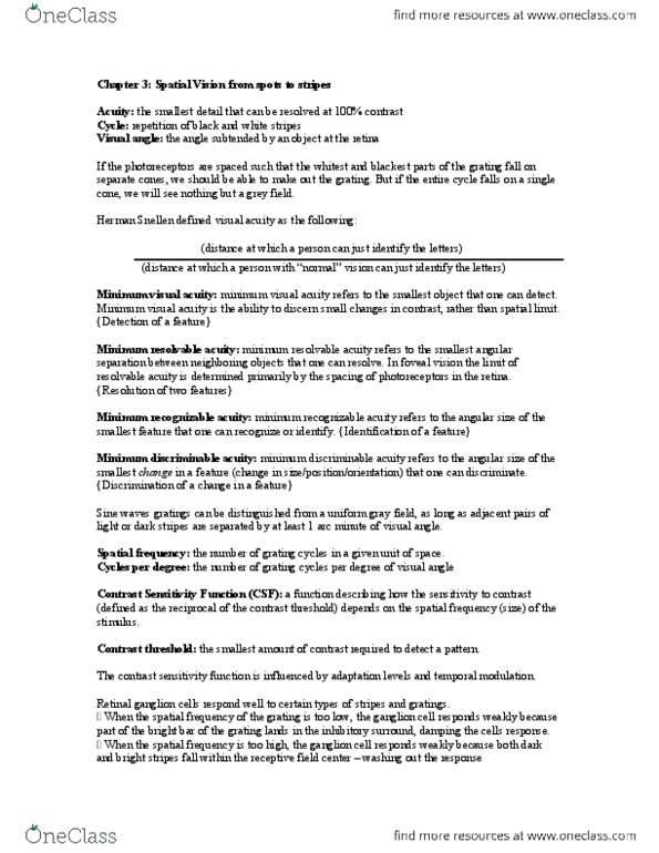 PSYB51H3 Lecture Notes - Lecture 9: Lateral Geniculate Nucleus, Magnocellular Cell, Visual Acuity thumbnail