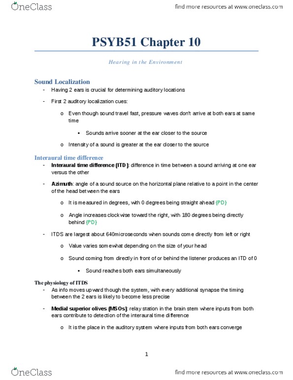 PSYB51H3 Chapter Notes - Chapter 10: Sound Localization, Interaural Time Difference, Inverse-Square Law thumbnail