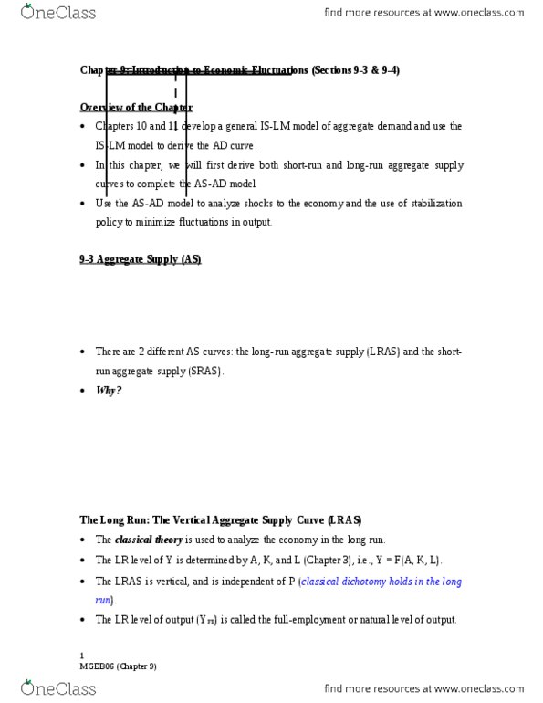 MGEB06H3 Lecture Notes - Lecture 9: Aggregate Supply, Classical Dichotomy, Aggregate Demand thumbnail