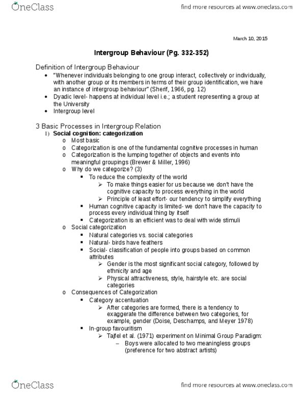 PSYC 2310 Lecture Notes - Lecture 15: Group Dynamics, Henri Tajfel, Ingroups And Outgroups thumbnail