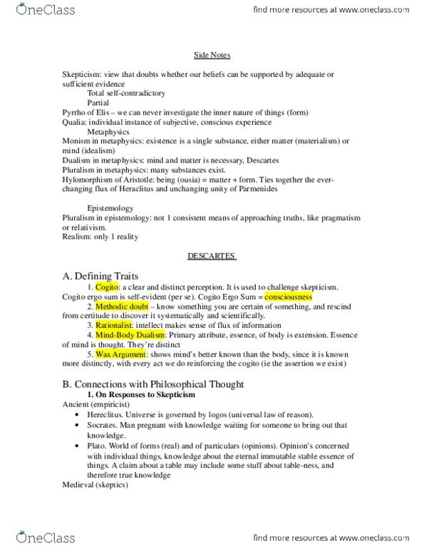 Philosophy 1020 Lecture Notes - Lecture 11: Ousia, Qualia thumbnail