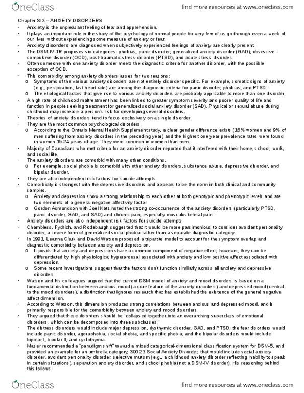 PSYB32H3 Chapter Notes - Chapter 6: Posttraumatic Stress Disorder, Generalized Anxiety Disorder, Separation Anxiety Disorder thumbnail