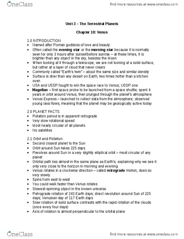 Earth Sciences 1086F/G Chapter Notes - Chapter 10-11: Sulfur Dioxide, Venus Express, Martian Soil thumbnail