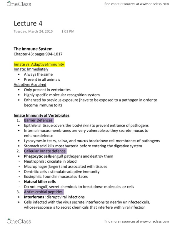 BIOL 1011 Lecture Notes - Lecture 4: Disulfide, Natural Killer Cell, Antigen thumbnail