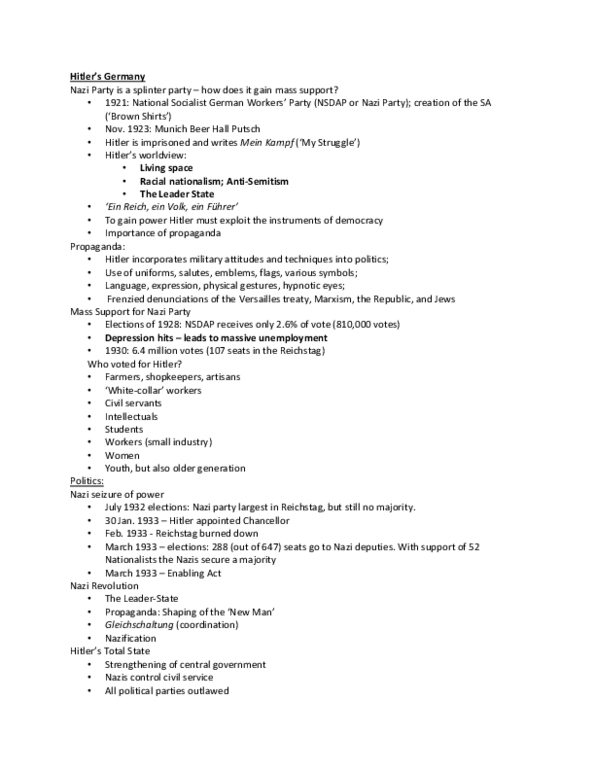 Hist 1f90 : Hitler's Germany Notes For Essay.docx - Oneclass