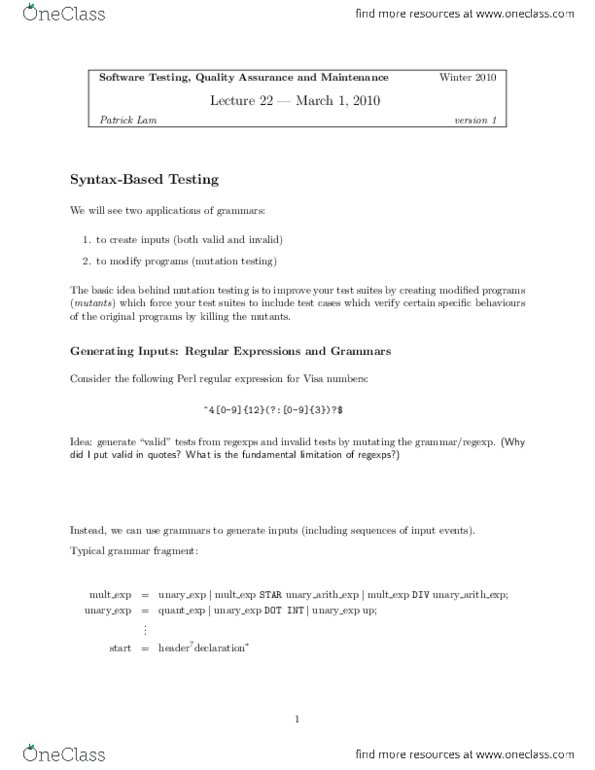 CS447 Lecture Notes - Lecture 1: Test Case, Mutation, Software Testing thumbnail