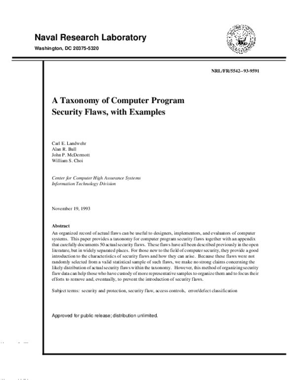 CS458 Lecture 1: ATaxonomyofComputerProgramSecurityFlawswithExamples[Landwehr93].pdf thumbnail