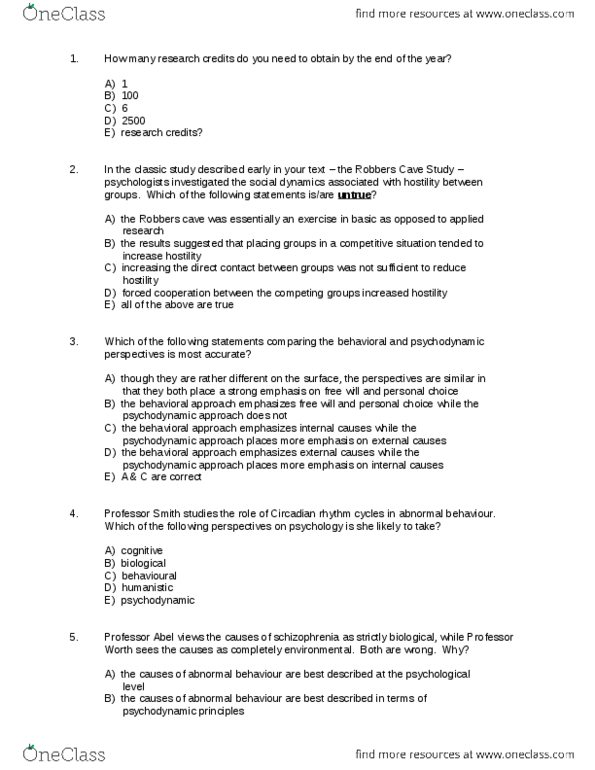 Psychology 1000 Midterm: psych exam review.doc - OneClass