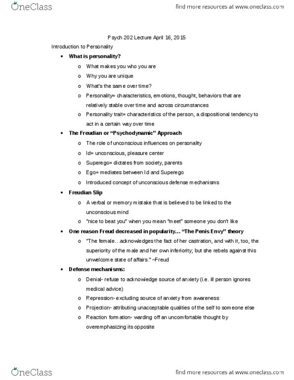 PSYCH 202 Lecture Notes - Lecture 18: Hans Eysenck, Narcissism, Reticular Formation thumbnail