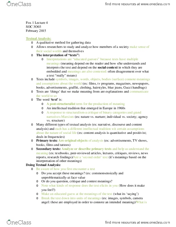 SOCIOL 3O03 Lecture Notes - Lecture 4: Intertextuality, Metonymy thumbnail