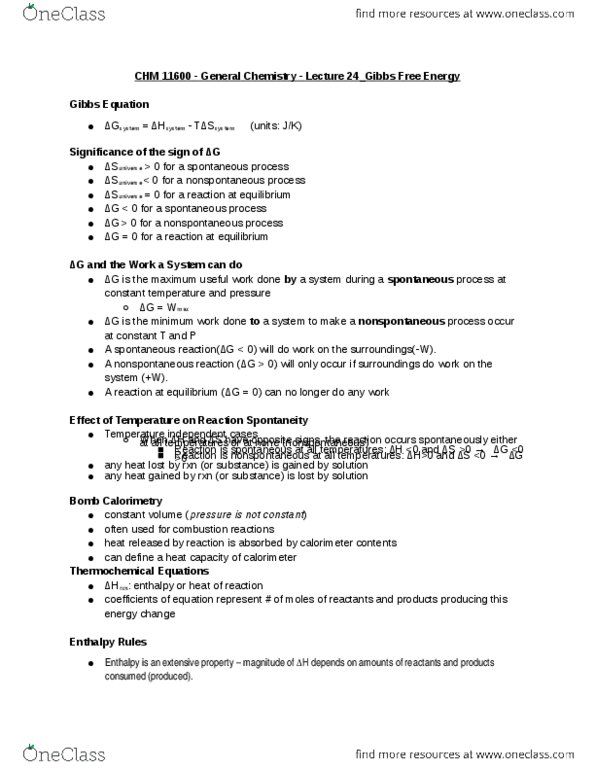 CHM 11600 Lecture Notes - Lecture 24: Enthalpy, Calorimetry, Spontaneous Process thumbnail