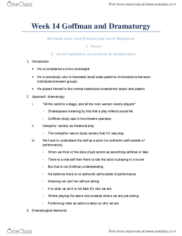 SOCI 2040 Lecture 14: Week 14 Goffman and Dramaturgy.docx thumbnail