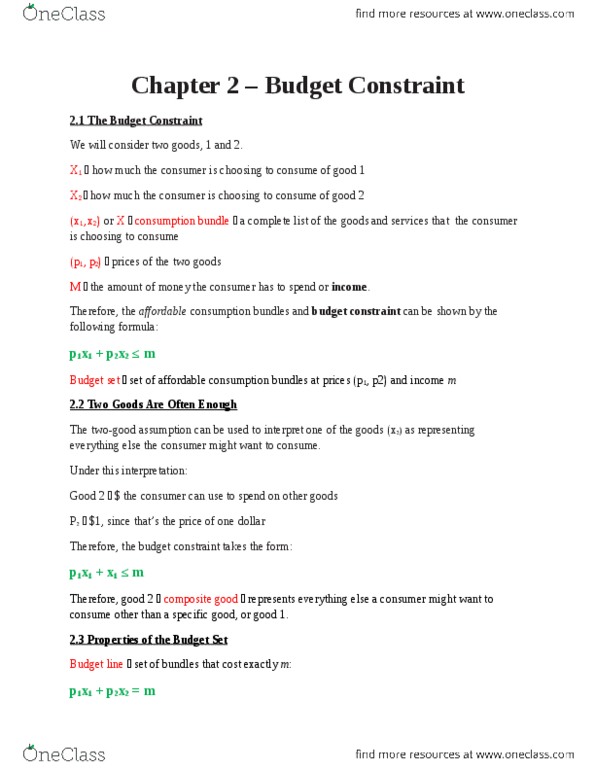 ECON 201 Lecture Notes - Lecture 2: Budget Constraint, Composite Good, Opportunity Cost thumbnail