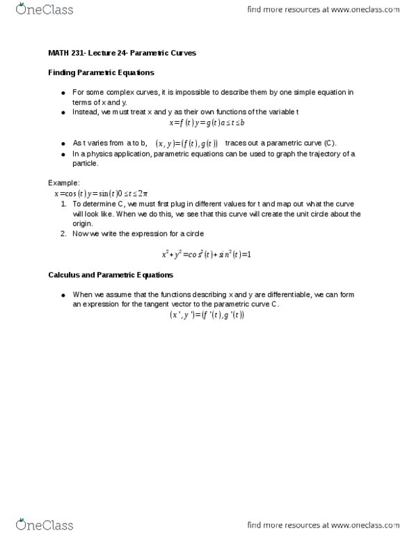 MATH 231 Lecture Notes - Lecture 24: Parametric Equation, Scilab, Unit Circle thumbnail