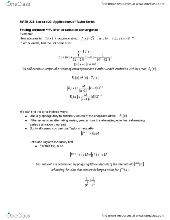 MATH 231 Lecture Notes - Lecture 22: Taylor Series, Alternating Series thumbnail