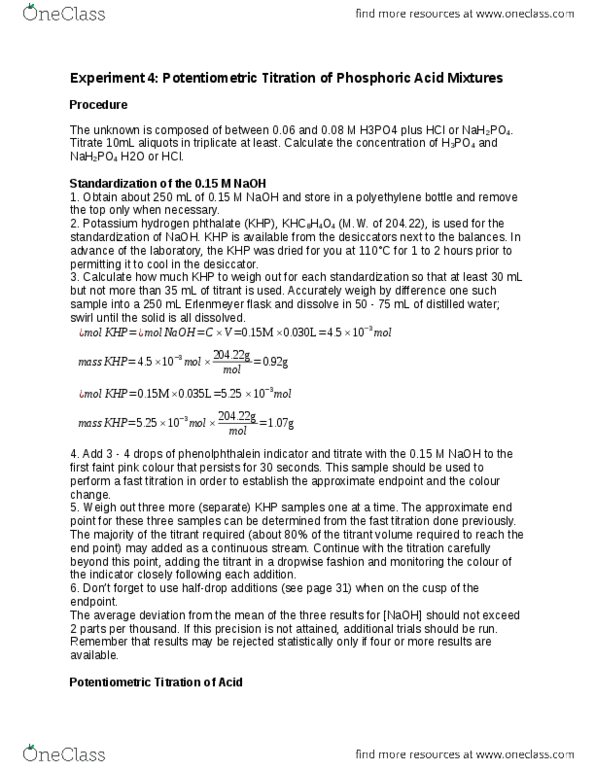 CHM211H5 Chapter Notes - Chapter 4: Potassium Hydrogen Phthalate, Potentiometric Titration, Sodium Hydroxide thumbnail
