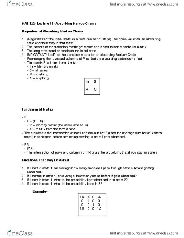 MAT 122 Lecture Notes - Lecture 19: Absorbing Markov Chain, Identity Matrix thumbnail