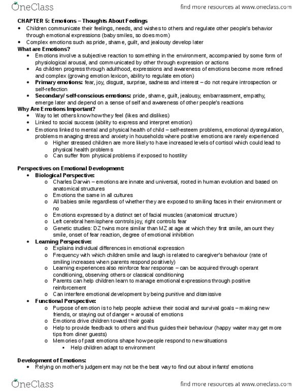 PSY311H5 Chapter Notes - Chapter 5: Fear, Empathic Concern, Emotional Dysregulation thumbnail