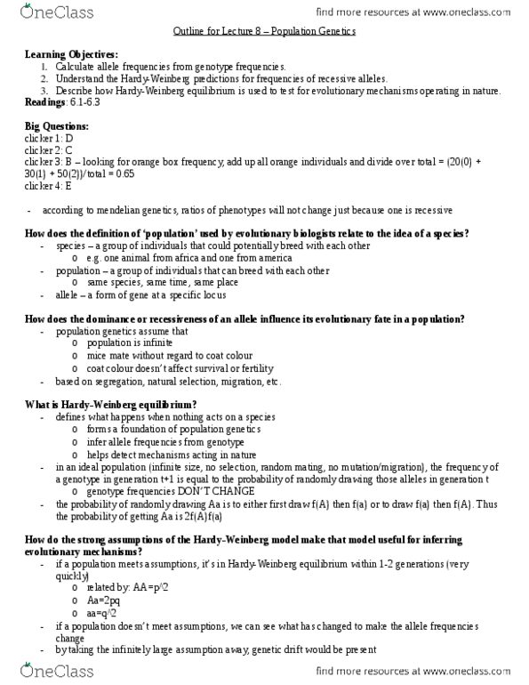 BIOL 336 Lecture Notes - Lecture 8: Genotype Frequency, Allele Frequency, Null Hypothesis thumbnail