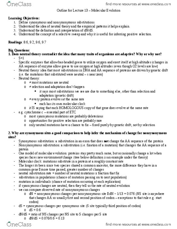 BIOL 336 Lecture Notes - Lecture 13: Nonsynonymous Substitution, Synonymous Substitution, Molecular Clock thumbnail