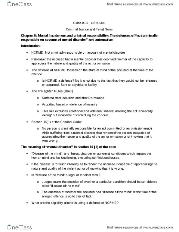 CRM 2300 Lecture Notes - Lecture 13: Mental Disorder, Mood Disorder, Solitary Confinement thumbnail