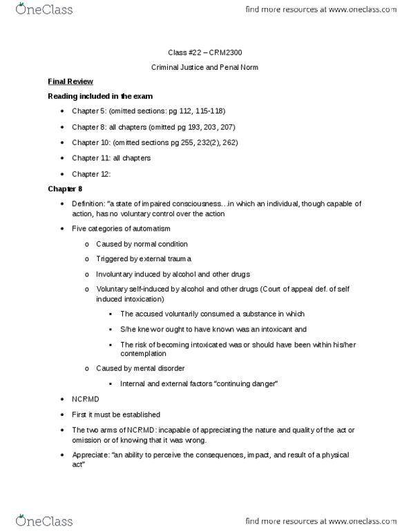 CRM 2300 Lecture Notes - Lecture 22: Mental Disorder thumbnail