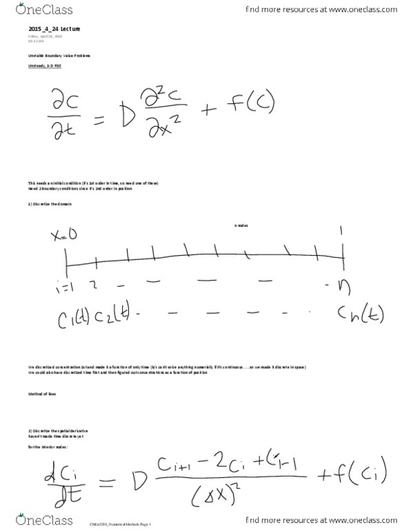 CHEN 3201 Lecture Notes - Lecture 48: Dirichlet Boundary Condition, Backward Euler Method, Derivative thumbnail